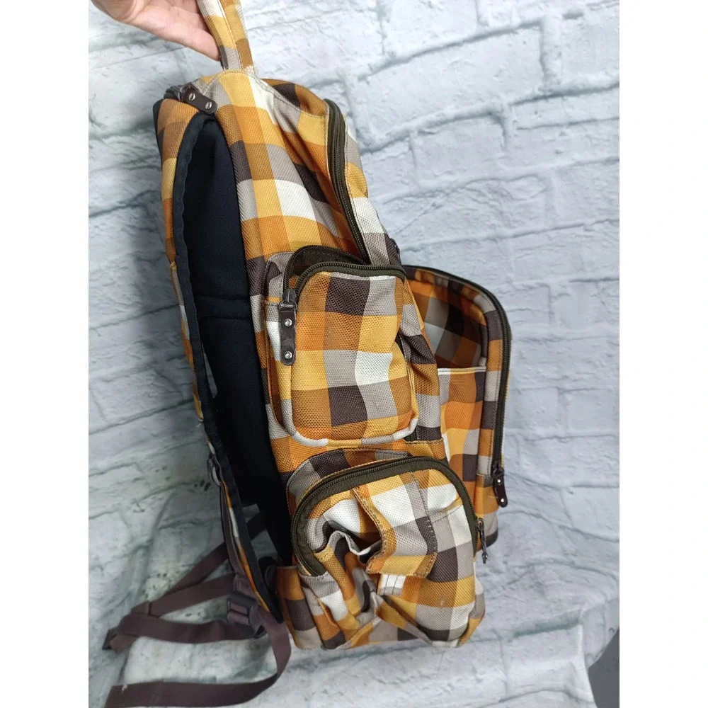 Burton Plaid Backpack Yellow Brown Checkered Multi Pocket Outdoors Travel Bag
